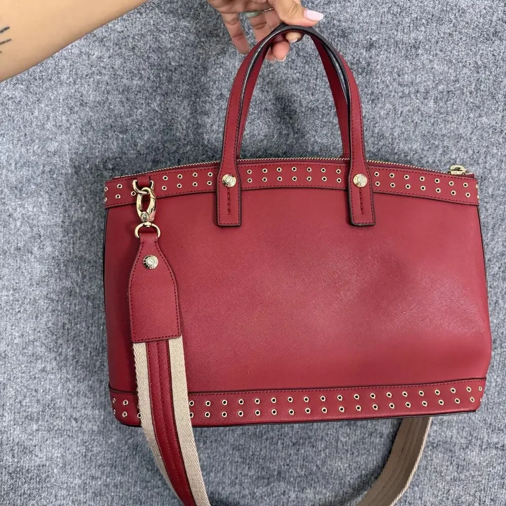 Henri Bendel West 57th Saffiano Leather Crossbody Satchel Bag in Red Studded